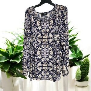 Lane Bryant Navy and Cream Patterned Blouse